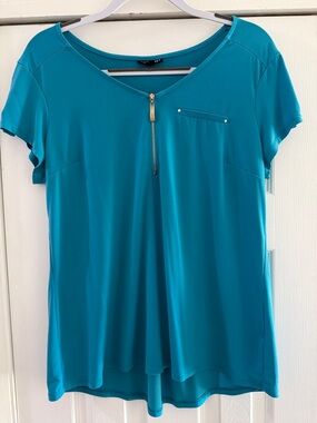 🩵 Roz & Ali Teal Short Sleeve Zip-Front Top 🩵
